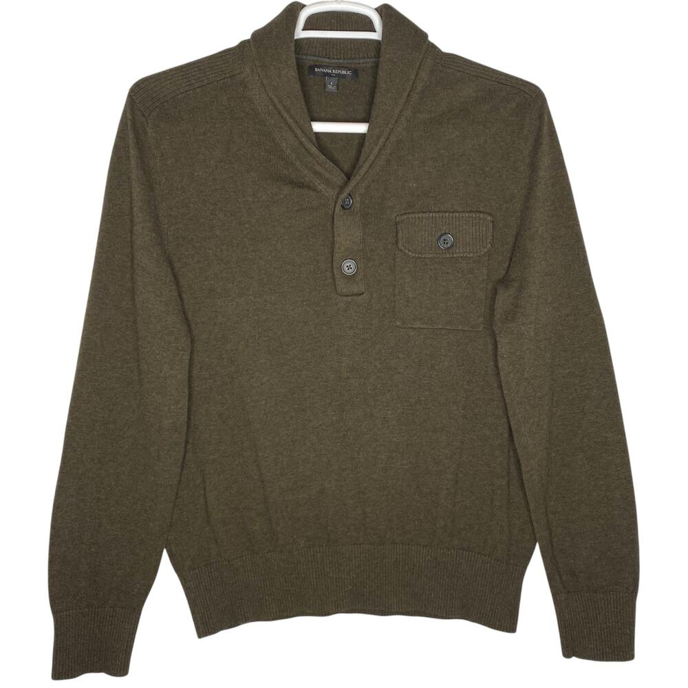 Banana Republic Shawl Collar Henley Sweater Green Mens Large Preppy Grandpacore